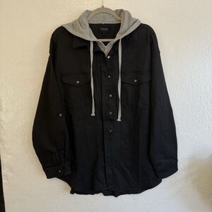 Risen Jacket Oversized Hood Large Black Gray Zipped Button Layered Look Grunge